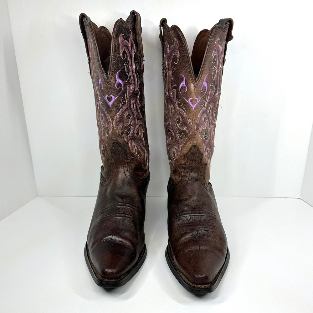 Justin Womens 8B Cowboy Boots Brown Leather Purple Embroidered Western - Picture 10 of 12